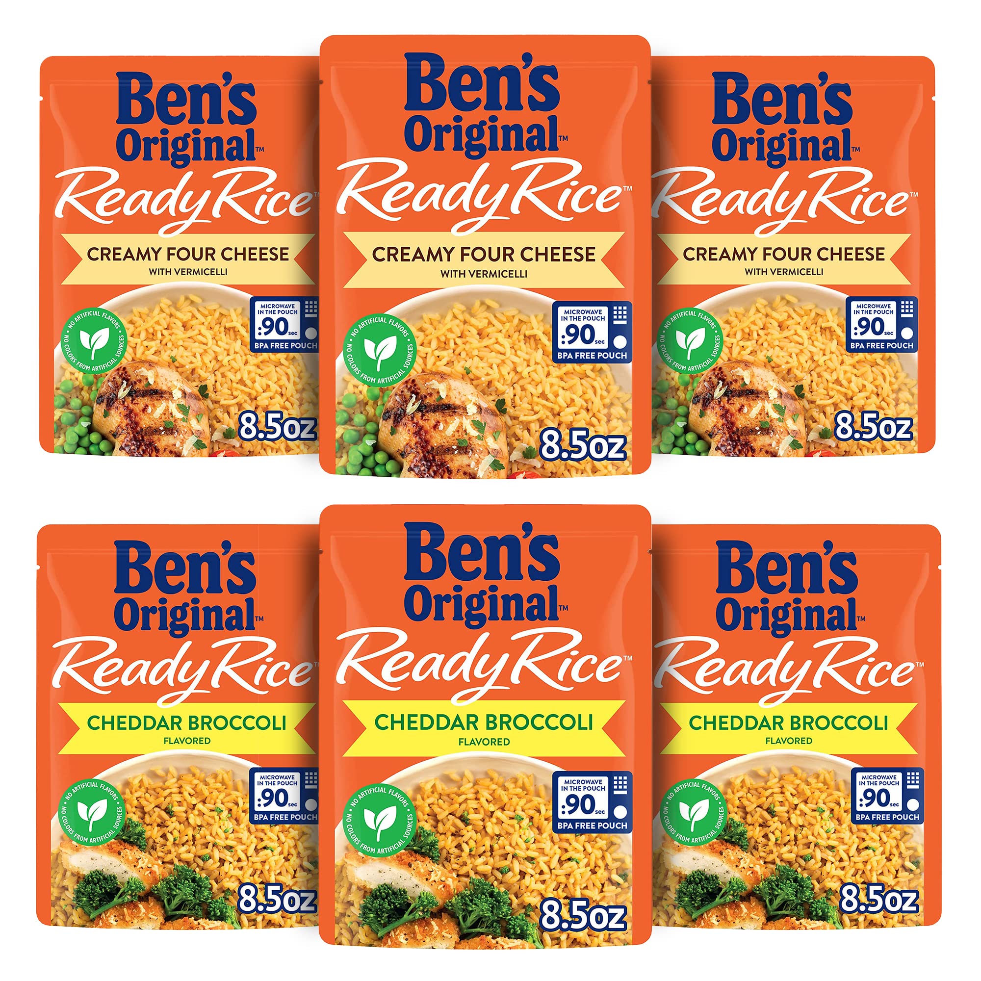BEN'S ORIGINAL Ready Rice Creamy Four Cheese and Cheddar Broccoli Variety Pack, Easy Dinner Sides, 8.5 OZ Pouch (Pack of 6)